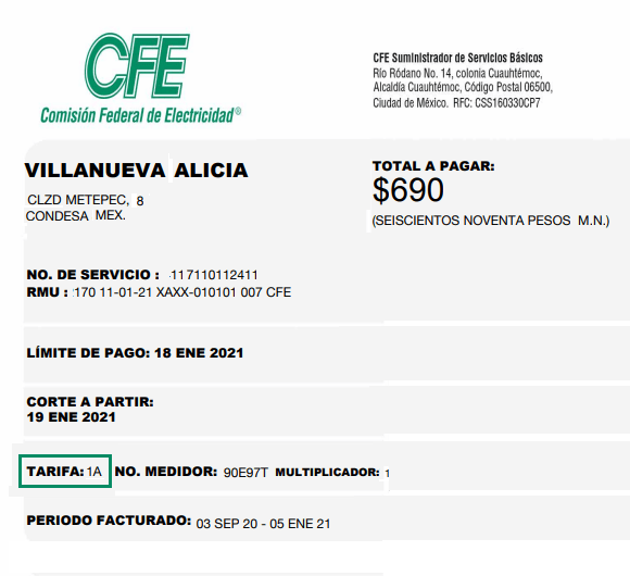 Tarifa 1A CFE Tarifa 1A CFE