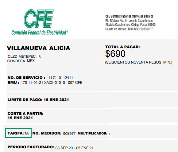 Tarifa 1B CFE Tarifa 1B CFE