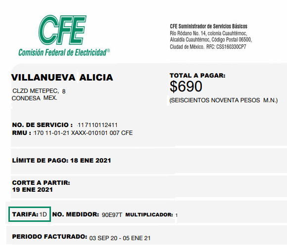 Tarifa 1D CFE Tarifa 1D CFE